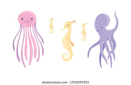 Cute Sea Creatures Set Jellyfish Octopus Stock Vector (Royalty Free ...