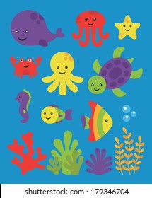 cute sea creatures set. vector illustration