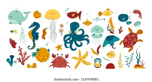 Cute sea creatures and underwater animals set. Water turtle, whale, octopus, jellyfish, crab and colorful fish. Marine life elements. Color flat vector illustration isolated on white background