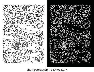 Cute sea creatures and underwater animals doodle set. Scribble. Water turtle, octopus, jellyfish, crab and fish. Marine life elements in sketch style. Outline vector illustration