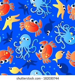 Cute sea creatures underwater in a seamless pattern.