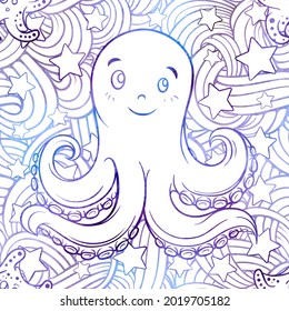 Cute sea creatures vecror seamless pattern. Undewater doodles background.