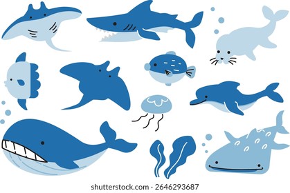 Cute sea creatures vector illustration material set