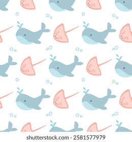 Cute sea creatures vector pattern.