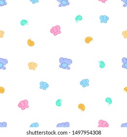 cute sea creatures,seamless pattern with cartoon drawn shells and pearls, perfect for kids apparel, fabric, textile, nursery decoration, wrapping paper, editable vector illustration