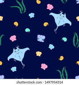 cute sea creatures,seamless pattern with cartoon drawn kawaii stingray, shells, pearls and  water plant, perfect for kids apparel, fabric, textile, nursery decoration, wrapping paper, editable vector 
