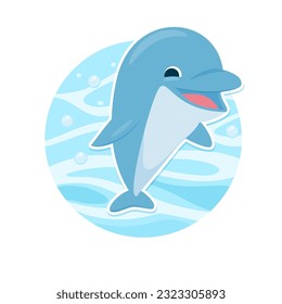 Delfín marino en el fondo de las olas. Ilustración vectorial en estilo moderno para su diseño. Plantilla de pegatinas en un fondo blanco.