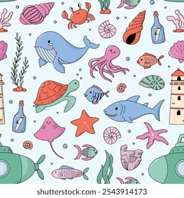 Cute sea doodles, underwater, sealife cartoon elements seamless pattern for nursery prints, cards, posters, banners, wrapping paper, scrapbooking, stationery, apparel decor, etc. EPS 10