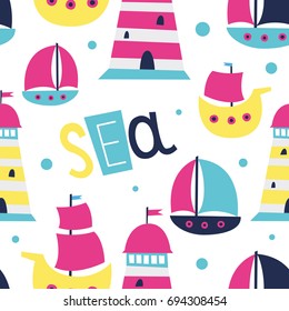 Cute sea elements seamless pattern