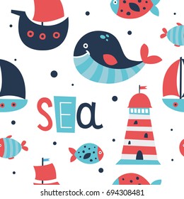 Cute sea elements seamless pattern