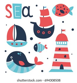 Cute sea elements set