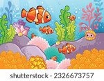 Cute sea fish among algae and shells. Vector illustration with a goldfish on a marine theme in a cartoon style.