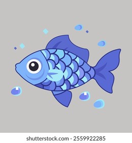 Cute sea fish. Blue fish isolated on gray background. Vector cartoon illustration