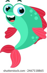 Cute Sea Fish Cartoon Character. Vector Illustration Flat Design Isolated On Transparent Background