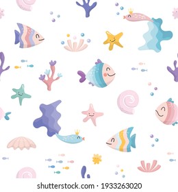 Cute Sea Fish Characters Cartoon Seamless Pattern. Sealife Pastel Colors Background. Textile For Kids,  Notebook Cover, Wrapping Paper. Vector Illustration