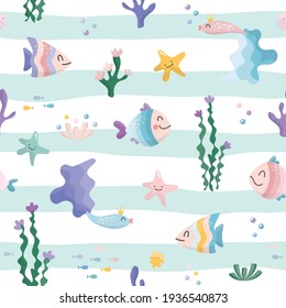 Cute Sea Fish Characters Cartoon Seamless Pattern. Sealife Striped Background. Textile For Kids, Notebook Cover, Wrapping Paper. Vector Illustration