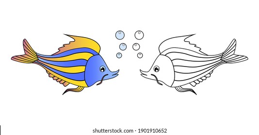 Cute sea fish in color and black contour line on white. Vector illustration. For page coloring book.