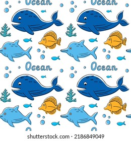 Cute sea fish and corals. Ocean life and the underwater world. Seamless pattern. Can be used for web page background fill, surface texture