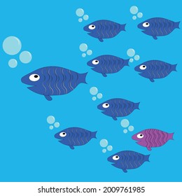 Cute sea fish happy family, with father and children, sons and one daughter swim in the sea, vector illustration.