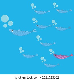 Cute sea fish happy family, with father and children, sons and one daughter swim in the sea, vector illustration.