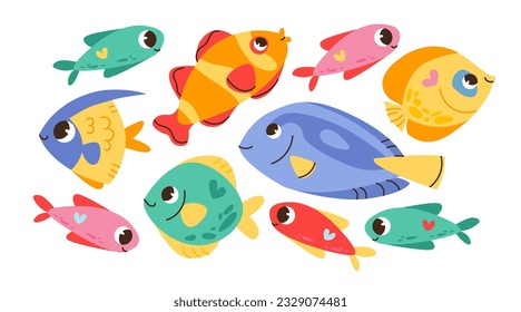 Cute sea fish. Sea life. Underwater world. Cartoon vector characters with smiling faces.