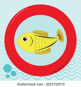 Cute cute sea fish on the background of a beautiful life buoy on the background of the sea