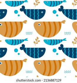 Pesca marina en el vectores sin costuras. Conjunto de peces de dibujos animados acuarios para impresión, desarrollo infantil, tela, textil. Variedades de peces de colores decorativos, diseño de peces geométricos planos