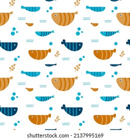 Cute sea fish on the vector seamless pattern. Set of aquarium cartoon fish for print, children development, fabric, textile. Varieties of decorative colored fish, flat geometric fish design