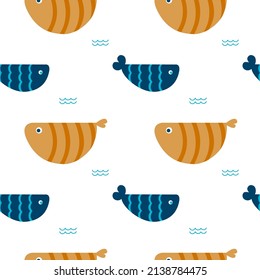 Cute sea fish on the vector seamless pattern. Set of cartoon orange and blue fish for print, fabric, textile. Varieties of decorative colored fish, flat geometric fish design