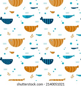 Cute sea fish on the vector seamless pattern. Set of aquarium cartoon fish for print, children development, fabric, textile. Varieties of decorative colored fish, flat geometric fish design