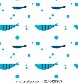 Pesca marina en el vectores sin costuras. Pescado de dibujos animados acuarios para impresión, desarrollo infantil, tela, textil. Variedades de peces de colores decorativos, diseño de peces geométricos planos