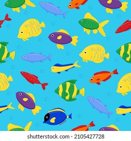 Cute sea fish seamless pattern. Vector cartoon character in ocean. Tropical fish