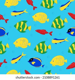 Cute sea fish seamless pattern. Vector cartoon character in ocean. Tropical fish