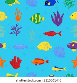 Cute sea fish seamless pattern. Vector cartoon character in ocean. Tropical fish