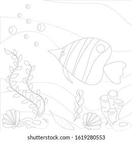 Cute sea fish swims on the bottom of the reservoir. Coloring book - vector illustration, eps
