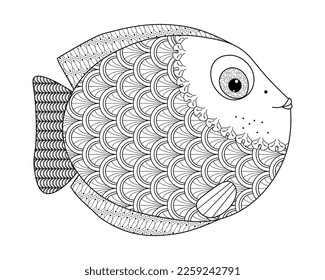 Cute sea fish with a zentangle pattern on a white background. Anti-stress coloring book for children and adults. Decorative element for design and printing