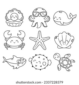 cute sea fishes characters isolated on white, childish set of outline sea animal, vector illustration of cartoon crab, shell, octopus, turtle, starfish and whale with shark