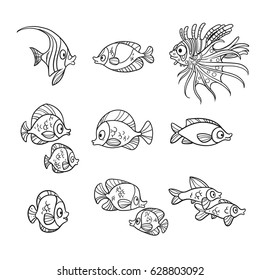Cute sea fishes outlined isolated on a white background