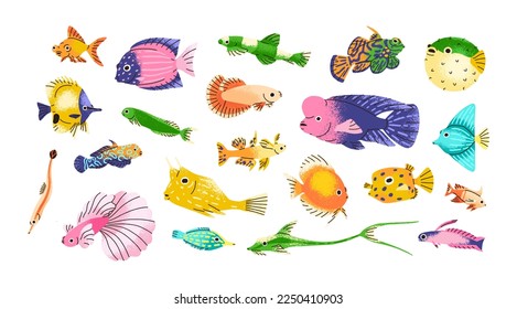 Se preparan pescados de mar. Animales submarinos marinos. Criaturas coloridas del océano tropical. Pequeñas especies exóticas bajo el agua. Fauna decorativa. Ilustraciones de vectores planos de color aisladas en fondo blanco