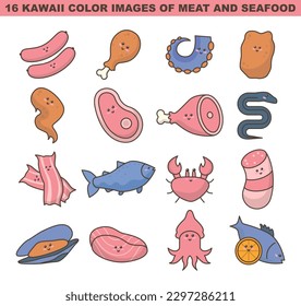 Cute sea food and meat stickers or icons set. Kawaii ingredients or dishes with smiley emojis in cartoon style. Fish and meat products. Flat vector illustration