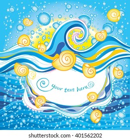 Cute sea frame vector -  hand drawn frame with decorative yellow shells, swirly wave,water bubbles and wavy blue background.