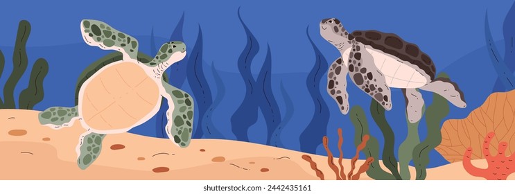 Bonitas tortugas verdes y grises en el paisaje submarino. Vida salvaje en el fondo del océano con corales y algas. Ilustración plana del vector de la historieta del animal marino del reptil, anfibio exótico