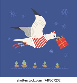 Cute sea gull in Santa dress. Fun colorful cartoon. Playful bird with Christmas gift box, boat with tree. Seabird celebrate winter holiday season. Stylized nautical banner background for new year eve