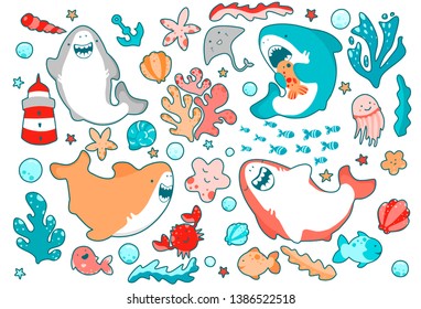 Cute sea heroes, funny sharks, emotionally smile, swim in the ocean among algae, fish and animals. Set of illustrations in Japanese style