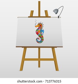 Cute sea horse cartoon. Flat vector stock illustration on easel