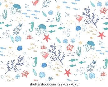Cute sea illustrations: fish, jellyfish, southern countries, vacation, summer, patterns, seashells, fashionable.