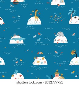 Cute Sea and Islands with African Animals, Houses, Tropical Beaches, Palm Trees. Summer Seamless Pattern for Children. Colorful Background for Kids. Baby Blue Wallpaper. 