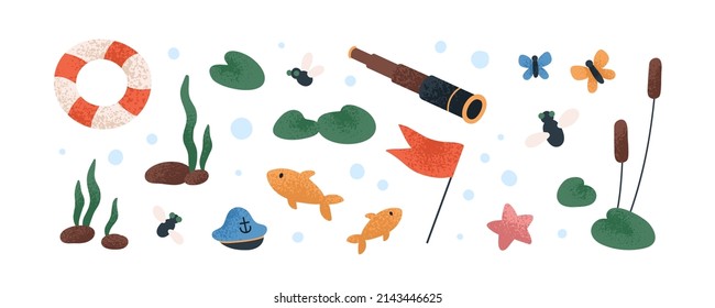 Cute sea items, nature elements. Summer accessories, objects set. Lifebuoy, spyglass, plants, reed, fishes and insects, butterfly. Childish kids flat vector illustrations isolated on white background