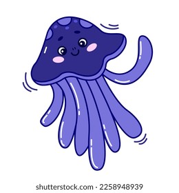 Cute sea jellyfish in cartoon style. Marine animal doodles. Vector illustration in hand-drawn style