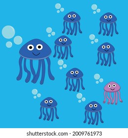 Cute sea jellyfish  happy family, with father and children, sons and one daughter swim in the sea, vector illustration.